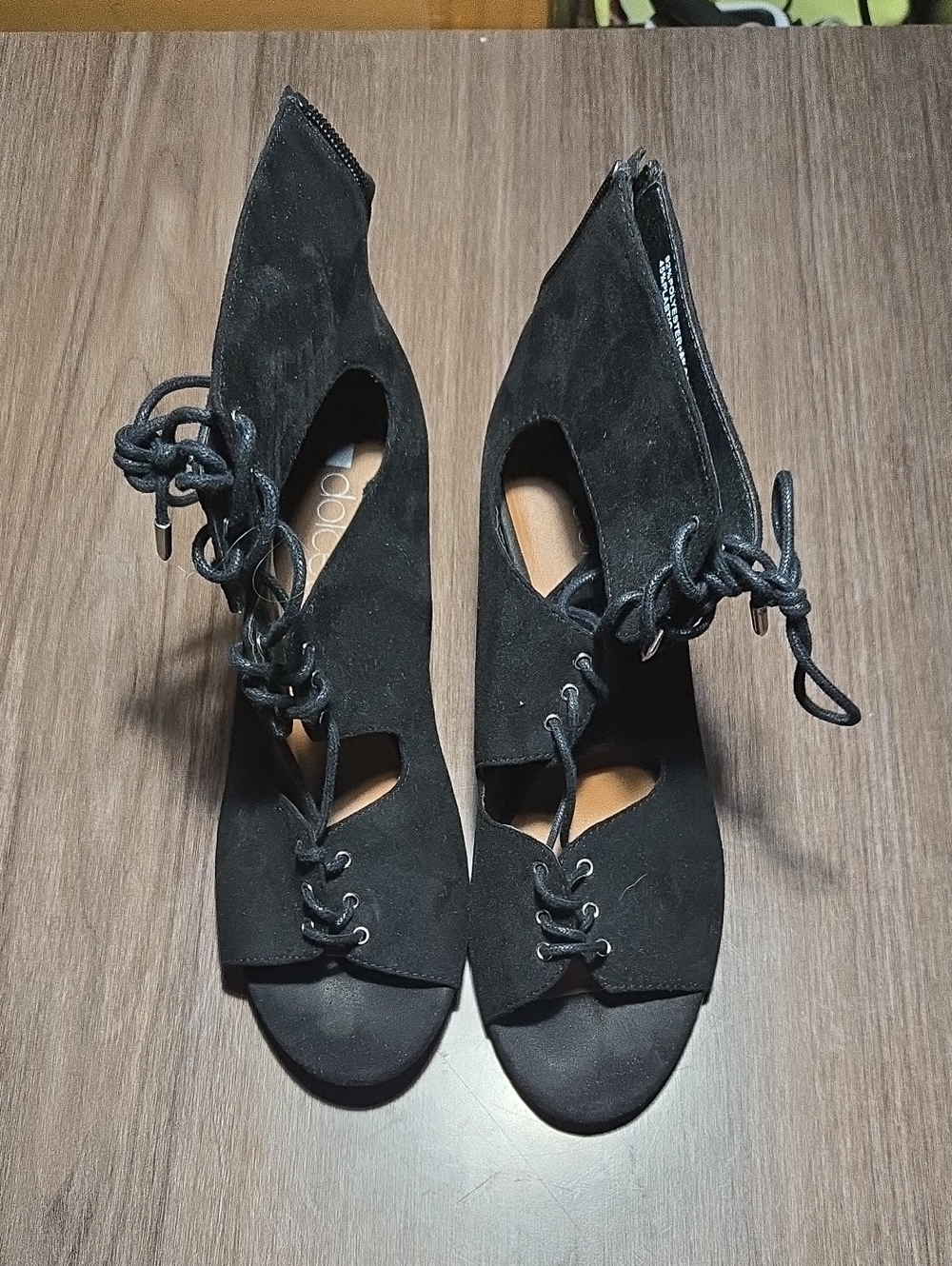Black Lace-Up Cutout Peep-Toe Heels with Back Zip, "Dolcetta" Size 8